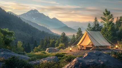 Tranquil luxury camping set up with a panoramic view of forested mountains