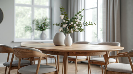 A bright, minimalist dining room featuring a wooden oval table, modern chairs, and elegant pendant lights, bathed in natural sunlight.