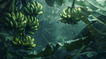 Fototapeta na wymiar Lush Green Banana Trees with Ripening Fruit in Tropical Forest