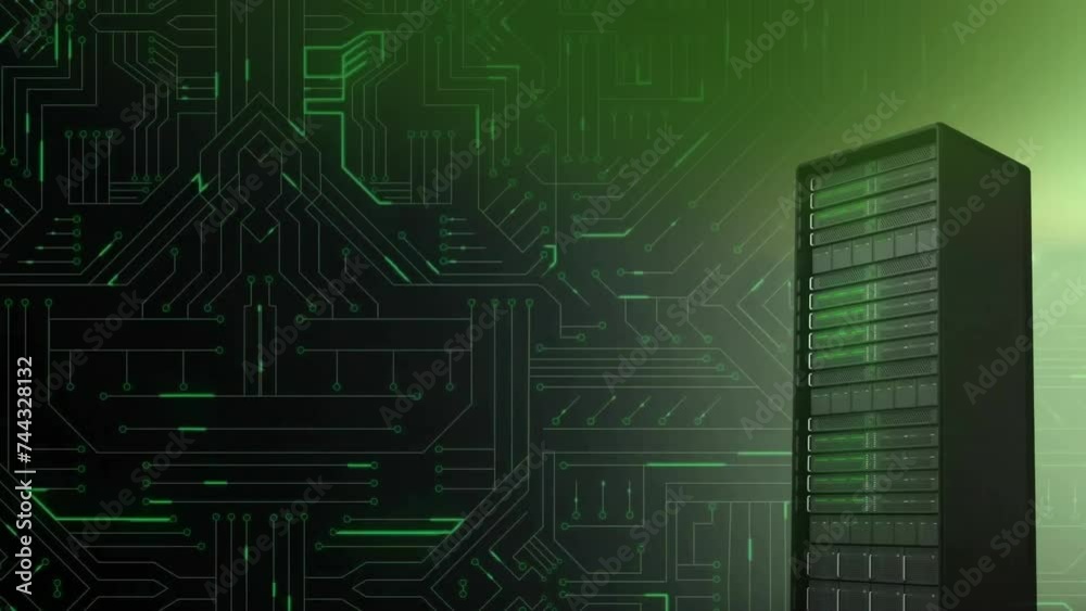 Poster animation of digital data processing on circuit board and computer server