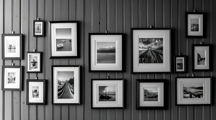 A gallery wall showcasing a collection of black and white photographs capturing candid moments of everyday life