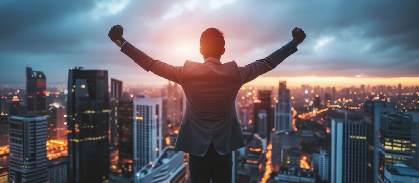 Successful businessman celebrating on rooftop of building with arms raised in victory and triumph
