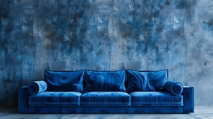 Blue velvet sofa in Modern Living Space on empty concrete wall background