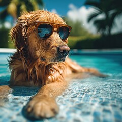 dog in sunglasses relaxing in a swimming pool.