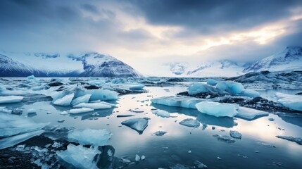 Fototapeta na wymiar majestic frozen glacier with blue icy rocks in valley under gloomy sky