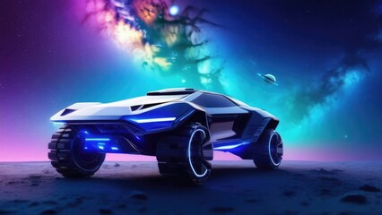 A space car on the surface of the moon. The rover. Cosmic background, milky way, stars. A futuristic landscape.