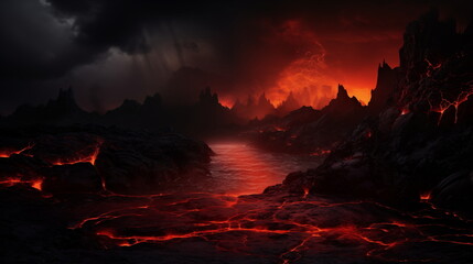 Fototapeta premium fantasy landscape with hot lava and dark sky background