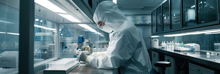 Lab technician testing vials of fluids in a medical cleanroom - obrazy, fototapety, plakaty