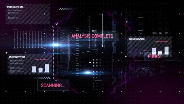Animation of text and digital data processing over black background