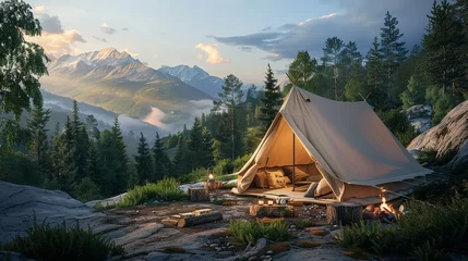 Fotobehang Tranquil luxury camping set up with a panoramic view of forested mountains © deafebrisa