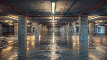 Underground parking with raw concrete textures, soft natural light from above