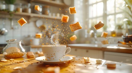 Whimsical breakfast scene with flying toast and a cup of black coffee, bright cheerful kitchen