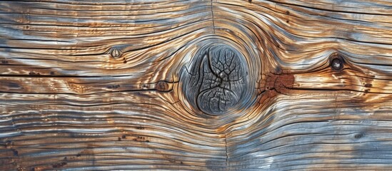 A detailed view of a weathered pine board, showcasing its knotty surface and a conspicuous hole. - obrazy, fototapety, plakaty