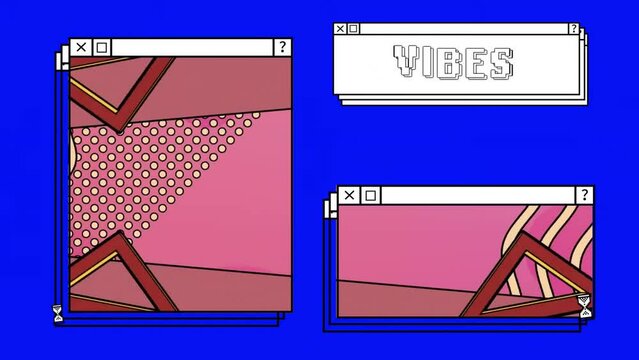 Animation of vibes text and computer screens over neon pattern background