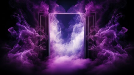 Neon purple light rays in door or entrance shape between smoke and clouds