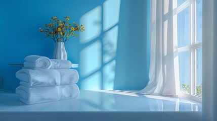 Modern home laundry corner with folded linens and clear blue sky outside - obrazy, fototapety, plakaty