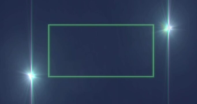 Animation of flickering green neon frame with copy space on blue background