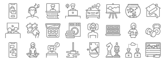 stay at home for quarantine line icons. linear set. quality vector line set such as tool box, chess, cleaning mop, chat, cooking, cosmetics, paintwork, car wash, - obrazy, fototapety, plakaty
