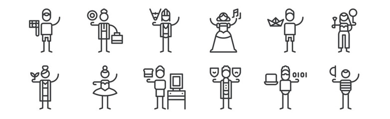 12 set of linear general arts icons. thin outline icons such as mime, theatre, dancer, origami, architecture, economics for web, mobile.