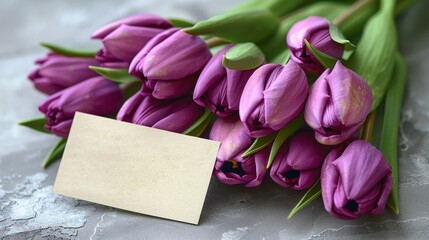Bunch of fresh purple tulips with a blank card on a white background