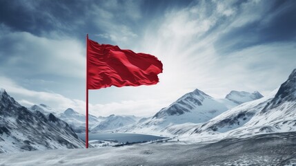 Red flag on snowy mountain peak - obrazy, fototapety, plakaty