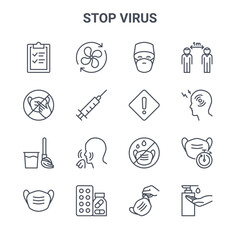 set of 16 stop virus concept vector line icons. 64x64 thin stroke icons such as fan, medical mask, pain, mask, drugs, soap, medical mask, , distance