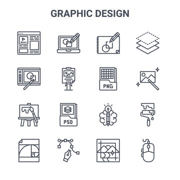set of 16 graphic design concept vector line icons. 64x64 thin stroke icons such as de, graphic tablet, magic wand, creativity, , mouse, crop tool, png file, layer