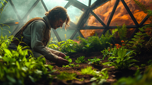 Man working in a greenhouse dome on Mars - Powered by Adobe
