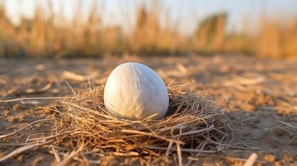 Chicken eggs placed on dry grass in yard of rural house