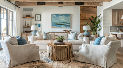 beautiful small space casual living family room soft neutral wood beams and a gorgeous grouping of swivel color fabric chairs around a striking coffee table coastal design nature freshness - obrazy, fototapety, plakaty