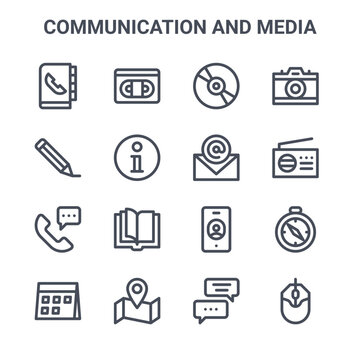 set of 16 communication and media concept vector line icons. 64x64 thin stroke icons such as vhs, writer, radio, smartphone, map, computer mouse, chat box, email, camera