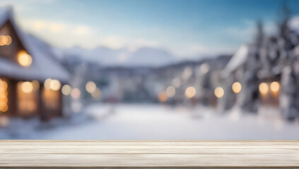 Empty table background with winter time blurred background. - obrazy, fototapety, plakaty