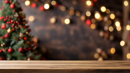 Empty table background with christmas time blurred background.