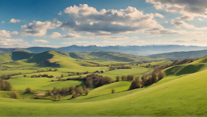 Fototapeta na wymiar Beautiful panoramic views. Sunny day. Beautiful spring view in the mountains. Grassy fields and hills.