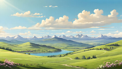Beautiful panoramic views. Sunny day. Beautiful spring view in the mountains. Grassy fields and hills. Cartoon or anime illustration style.