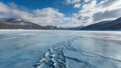 Cracks on the surface of the blue ice. Frozen lake in winter mountains.