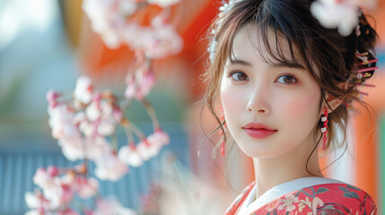 桜と振袖姿の若い女性