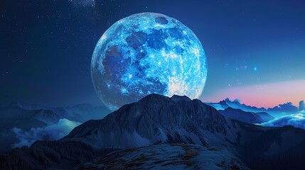Naklejka na ściany i meble Full moon behind the mountain in winter at night.
