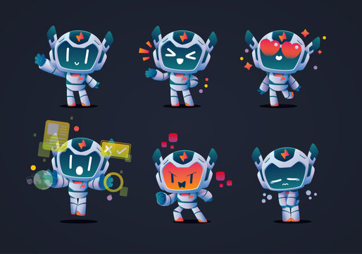 set of cartoon character minimal eco clean modern white dark green robots mascot with ear
