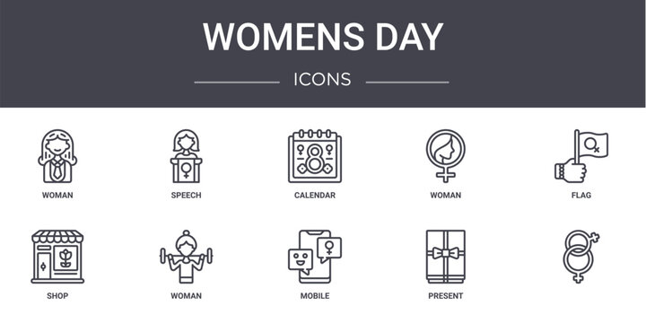 womens day concept line icons set. contains icons usable for web, logo, ui/ux such as speech, woman, shop, mobile, present, , flag, calendar