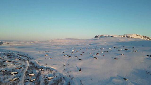 Aerial view of Hallingskarvet Mountain in winter in Hallingskarvet National Park, Geilo, Norway