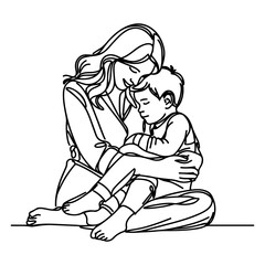 sketch mother hugging small child. Single one black line drawing woman being Hugged By Her children vector illustration