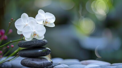 Obraz na płótnie Canvas spa stones stacked with a white orchid
