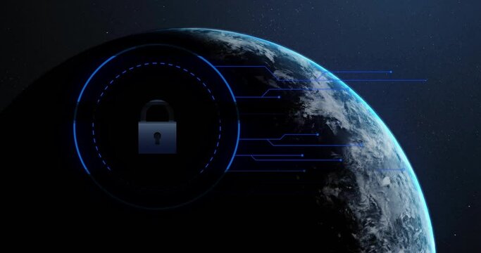 Animation of biometric fingerprint and connection with padlock over globe and dark background
