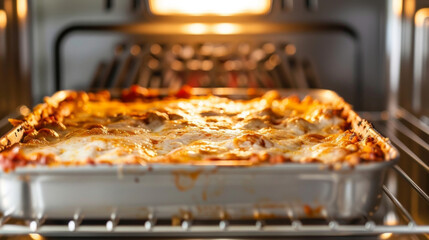 The top heating element of a convection oven browning the top of a cheesy lasagna. - obrazy, fototapety, plakaty