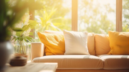Sunny living room with focus on empty couch and blurred background.
