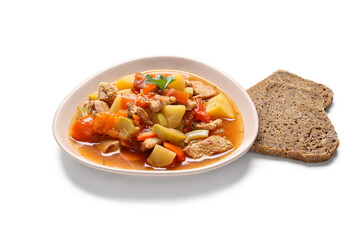 Bowl with delicious beef stew and bread on white background
