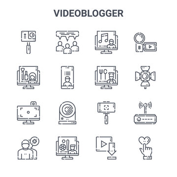 set of 16 videoblogger concept vector line icons. 64x64 thin stroke icons such as conversation, beauty, spotlight, selfie, sports, like, download, food, camera