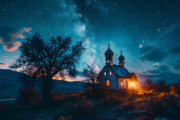Fototapeta na wymiar Church with Beautiful Starry Sky View at Sunset. Chapel with Landscape