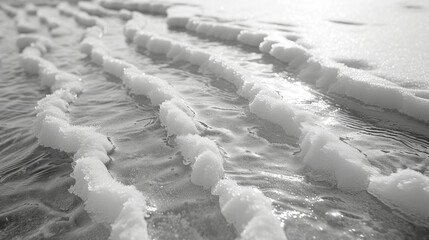 Windswept patterns of snow creating a rippled texture across a frozen lake.